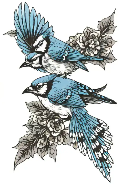 Blue jay bird flying, larkspur flower blooming tattoo design idea