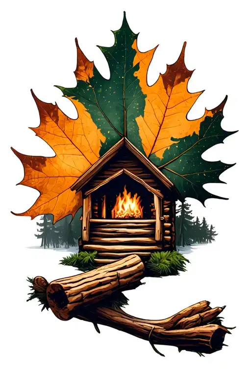 a Maple leafe as a Frame and inside a log cabin in the woods tattoo design idea