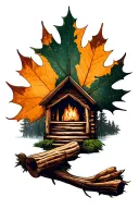 a Maple leafe as a Frame and inside a log cabin in the woods tattoo design idea