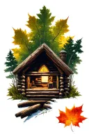 a Maple leafe as a Frame and inside a log cabin in the woods tattoo design idea