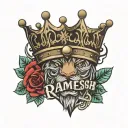 name Ramesh with king crown and heart shape tattoo design idea