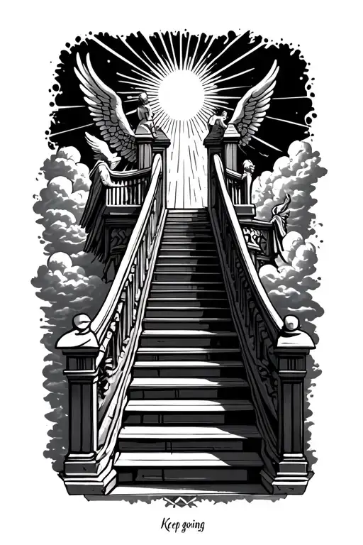 "Keep going " stairway to heaven walking up stairs angels sun rays clouds heaven gate at the top of the stairs  tattoo design idea