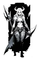 WoW Demon huntress, light hair, short horns, in fighting pose, with warglaive in each hand, a ruin in the back tattoo design idea
