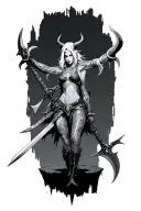 WoW Demon huntress, light hair, short horns, in fighting pose, with warglaive in each hand, a ruin in the back tattoo design idea