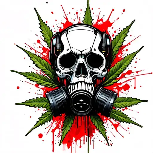 composition A robot skull with a gas mask,in the background a marijuana leaf,hexagonal grid tattoo design idea