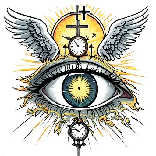 eye looking with glare of three crosses on a hill with sun in back and a clock around eye. in eye have angel with scale tattoo design idea