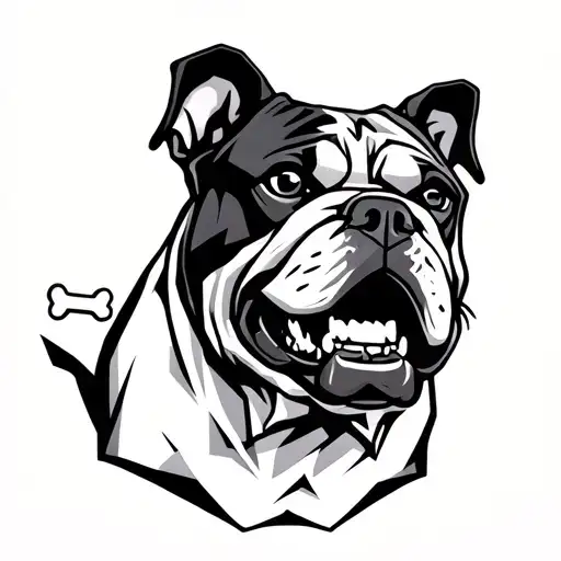 "CHIPPER DOG" Bulldog with bone in mounth with teeth emerging tattoo design idea