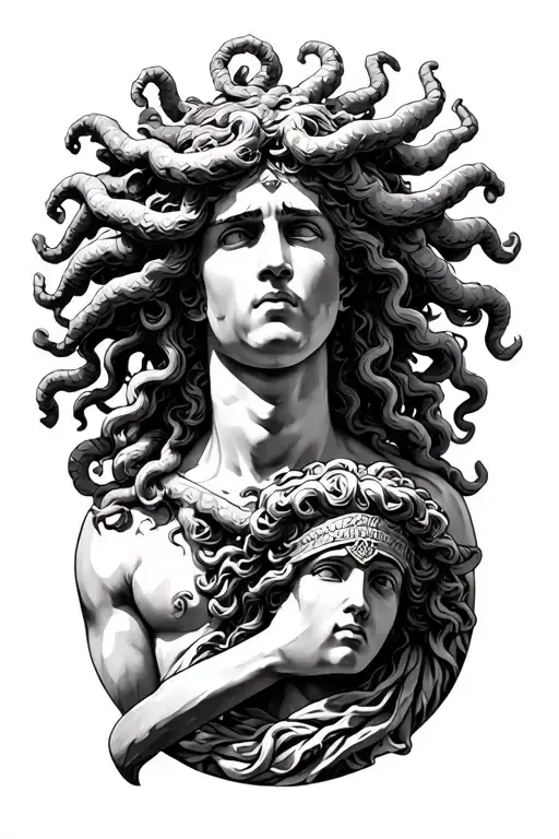 Greek story with Medusa Hermes and Sparta style tattoo design idea