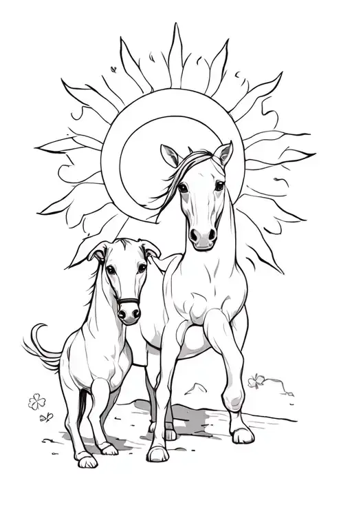 Dogs, horses, sun, four-leaf clover tattoo design idea