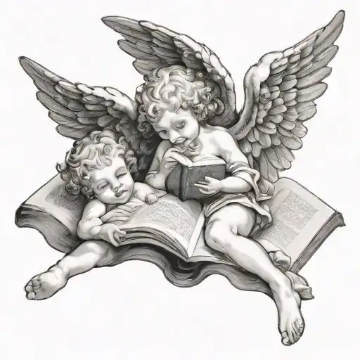 cherub angels laying down reading book tattoo design idea