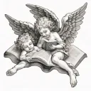 cherub angels laying down reading book tattoo design idea