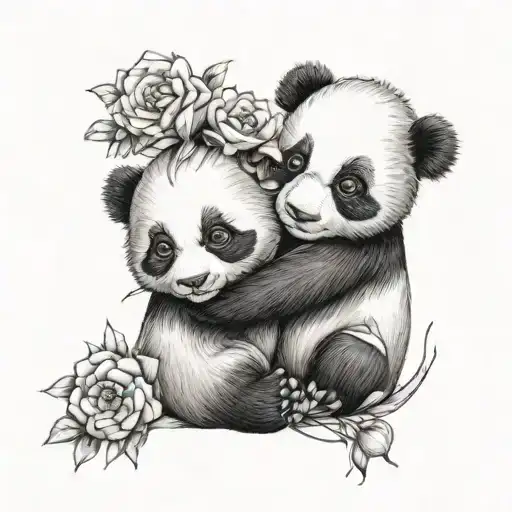 two cute baby panda bears hug each other flowers wrapped tattoo design idea