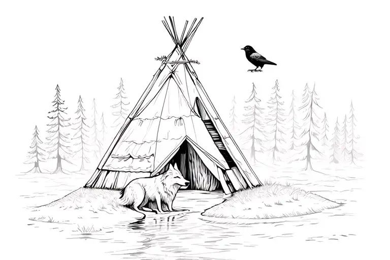 wolf, crow, forest, river, teepee tattoo design idea