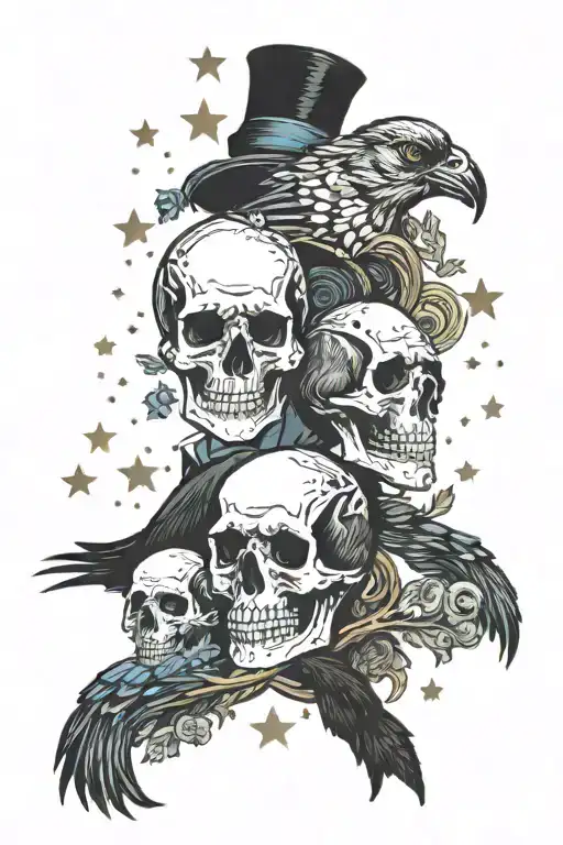 Van Gogh and edgar allen poe inspired, skulls, bipolar crow, heart, starry night, tattoo design idea