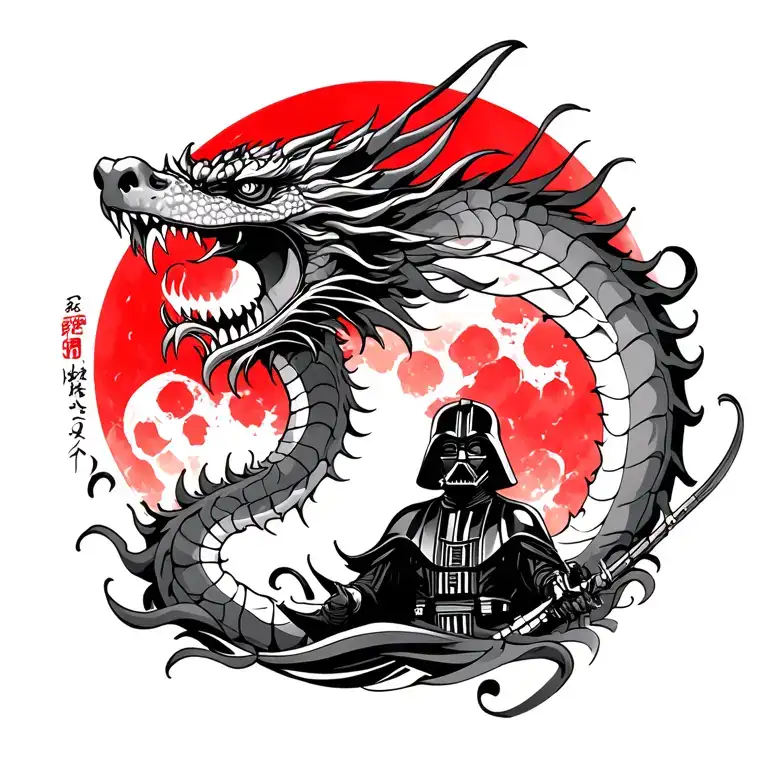 japanese dragon with samuari darth vader in front with red moon behind tattoo design idea