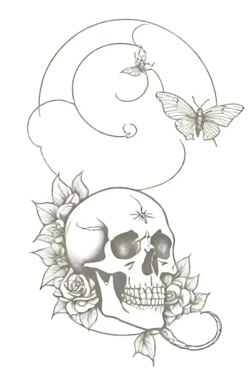 moon, moth, skull, snake, flowers tattoo design idea