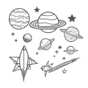 space scene with earth, saturn, jupiter, a satellite, a rocket, and some stars tattoo design idea