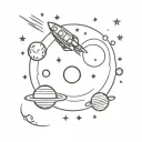 space scene with earth, saturn, jupiter, a satellite, a rocket, and some stars tattoo design idea