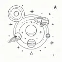 space scene with earth, saturn, jupiter, a satellite, a rocket, and some stars tattoo design idea