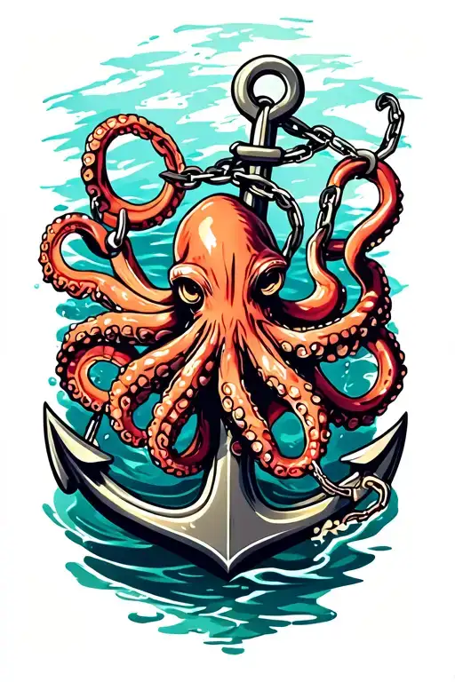 octopus wrapped around anchor in water with broken chain tattoo design idea