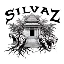myan temple with roots  with the word silvaz showing above and behind it while 2 jaguars are roaring twords the temple  tattoo design idea