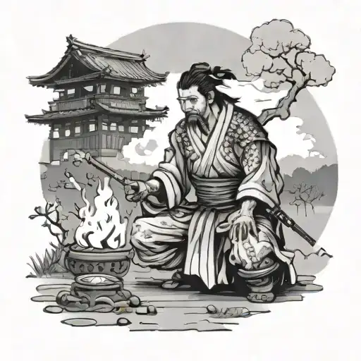 A samurai on his knees as his Japanese village is burning behind him tattoo design idea