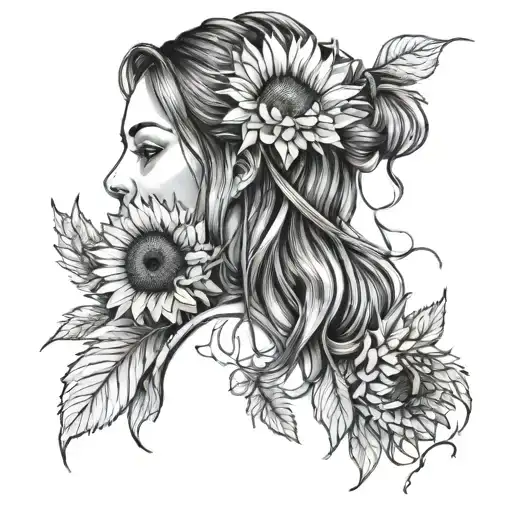 sunflowers a woman and a red string tattoo design idea