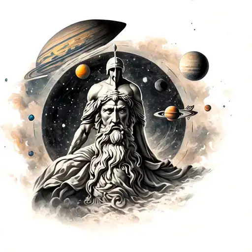 half sleeve tattoo, with greek symbol on the shoulder with planets, below being zeus then below zeus is a spartan warrio tattoo design idea