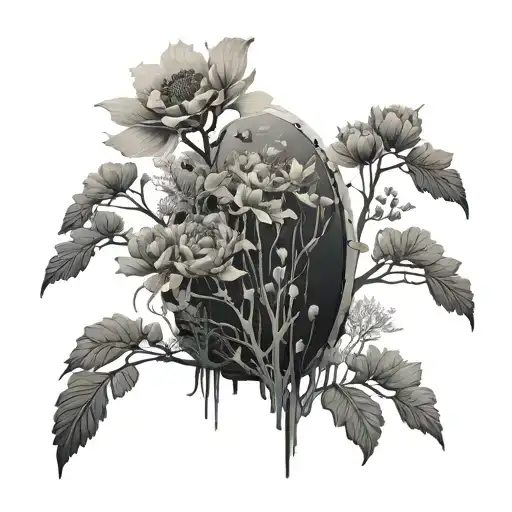 A futuristic landscape inspired by Death Stranding featuring intricate flower details tattoo design idea