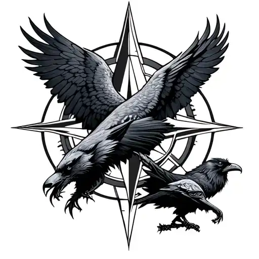Fenrir Jormungand and Odins Ravens around a Viking Compass tattoo design idea