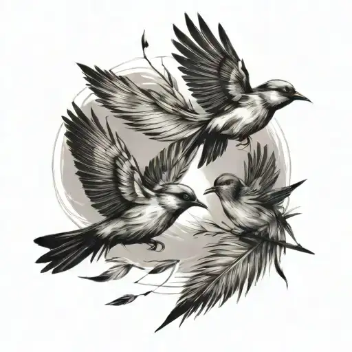 small birds flying away from feather tattoo design idea