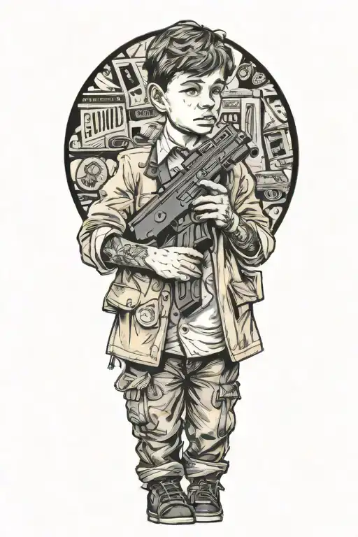 gangster kid holding a glock to his side asking,  "where's the fucking candy?" in a word bubble tattoo design idea