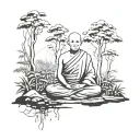 a buddhist monk meditating in the forest tattoo design idea