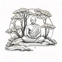 a buddhist monk meditating in the forest tattoo design idea