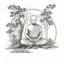 a buddhist monk meditating in the forest tattoo design idea