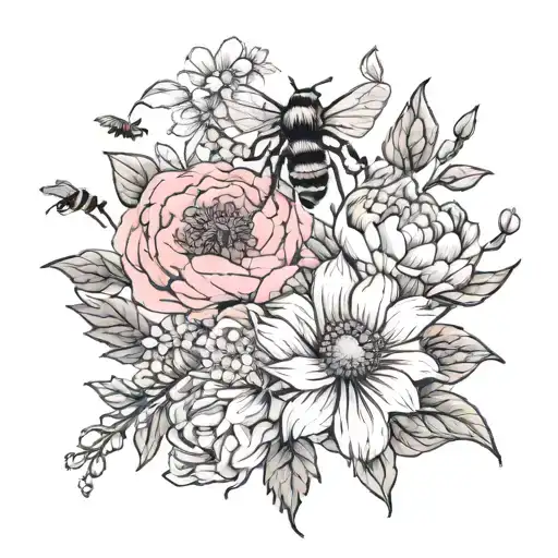 rose, daisy, peony, cosmos flowers with bees tattoo design idea