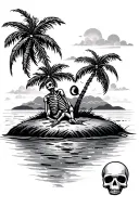 a beach scene with a small skeleton and palm trees sitting on and island with water around it  tattoo design idea