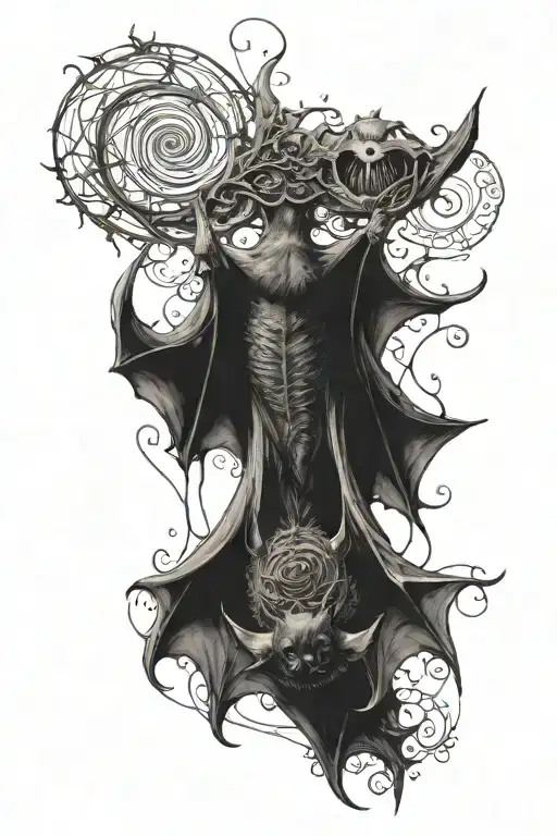 a bat hanging upside down that involves the spiral of life in it? tattoo design idea
