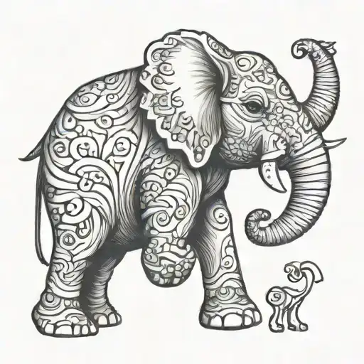 elephant held by ant, feminine, cartoon tattoo design idea
