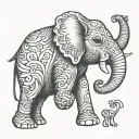 elephant held by ant, feminine, cartoon tattoo design idea