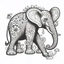 elephant held by ant, feminine, cartoon tattoo design idea
