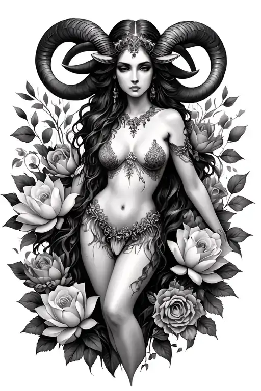 Aries sexy goddess surrounded by lotus and roses flowers growing intertwining  tattoo design idea