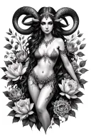 Aries sexy goddess surrounded by lotus and roses flowers growing intertwining  tattoo design idea