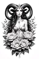 Aries sexy goddess surrounded by lotus and roses flowers growing intertwining  tattoo design idea