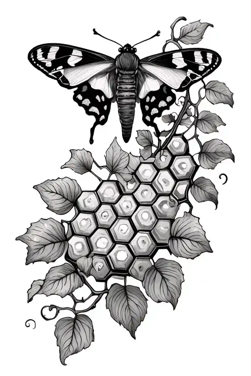 mandolla, vine, moth, honeycomb sleeve tattoo design idea