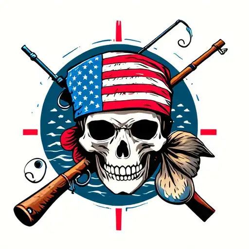 skull with american flag bandana with fishing pole tattoo design idea