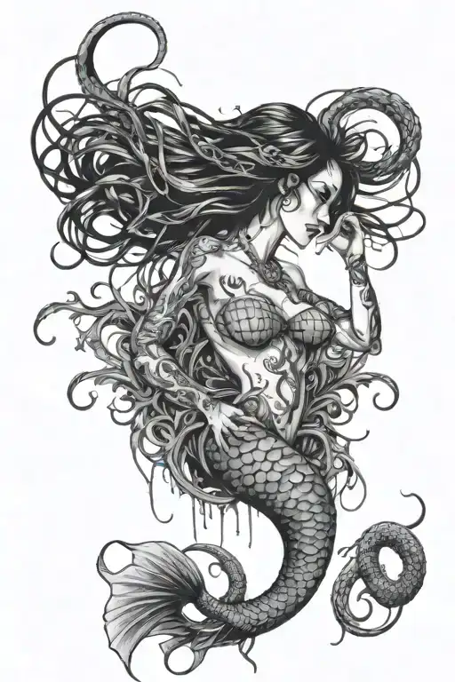 mermaid with torn ribs in Gothic style with long straight black braids, black snakes everywhere, hyper detailed, digital tattoo design idea