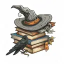 Stack of books. Earth. Witch hat. Fantasy  magic colour crow/raven, flame tattoo design idea