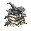 Stack of books. Earth. Witch hat. Fantasy  magic colour crow/raven, flame tattoo design idea