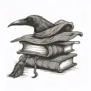 Stack of books. Earth. Witch hat. Fantasy  magic colour crow/raven, flame tattoo design idea